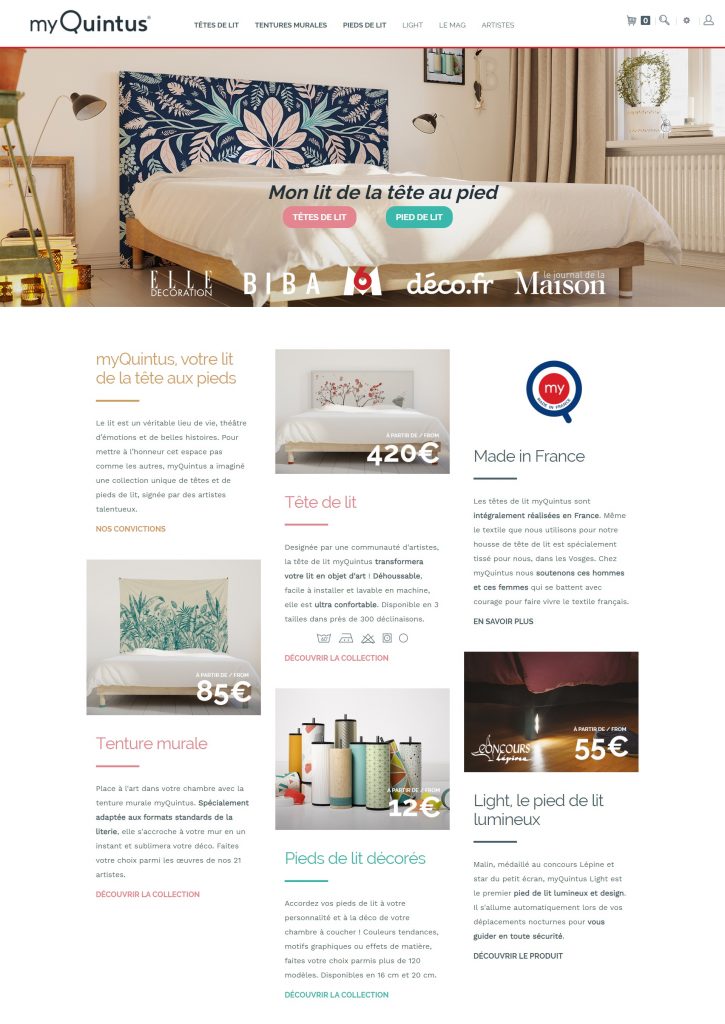 Page d'accueil du site e-commerce de myQuintus marque d'accessoires pour la literie