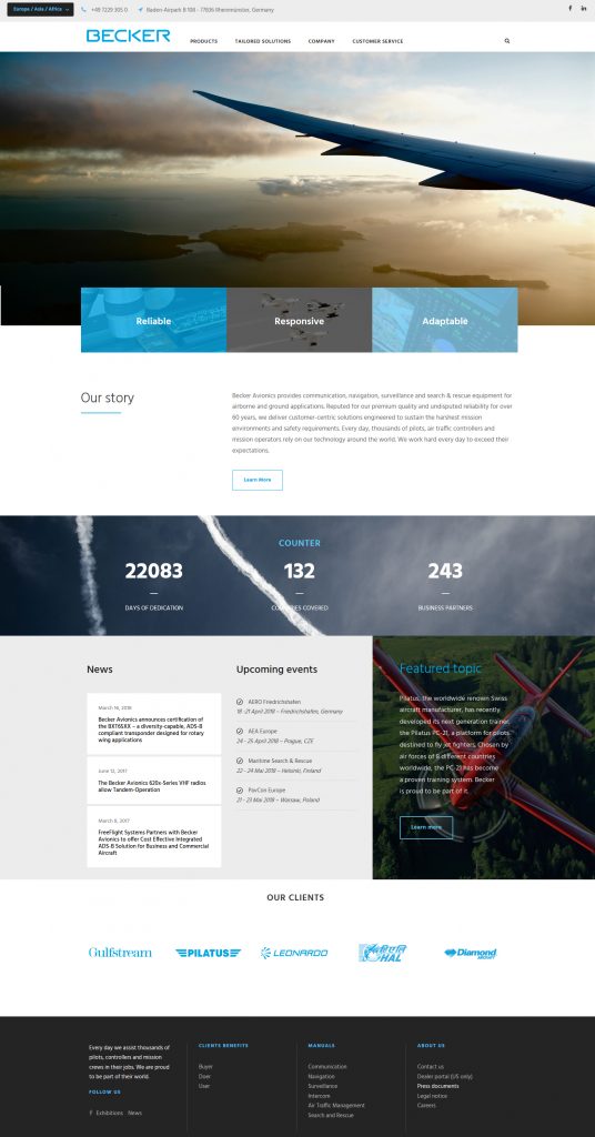 Page d'accueil du site corporate de Becker Avionics, fabricant allemand spécialisé en aéronautique